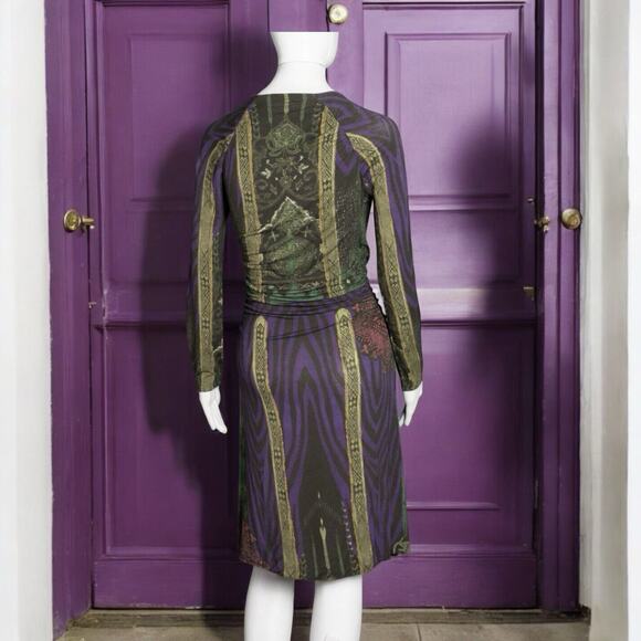Etro Italy Purple Green Multi Paisley Long Sleeve V-Neck Dress sz 42 M US 6 - Picture 5 of 14